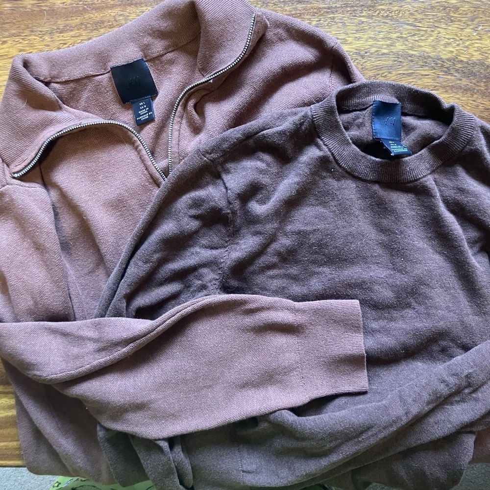 * Lot of 2 *‎ H&M Mens Size Large 1/4 Zip Pullover Sweater Crew Neck Brow/ Tan